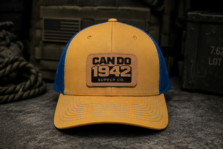 Tan & Blue Trucker Hat for Everyday wear | Veteran-Owned Can Do Supply Co.