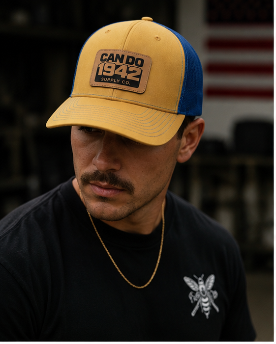 Tan & Blue Trucker Hat for Everyday wear | Veteran-Owned Can Do Supply Co.